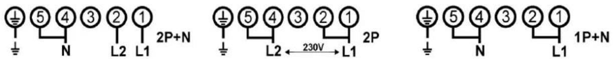 5 4 3 2 1 N L2 L1 2P+N 5 4 3 2 1 L2 ←230V → L1 2P 5 4 3 2 1 N L1 1P+N