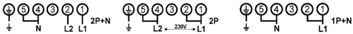 ① ⑤ ④ ③ ② ① ⊥ N L2 L1 2P+N ① ⑤ ④ ③ ② ① ⊥ L2 ←230V → L1 2P ① ⑤ ④ ③ ② ① ⊥ N L1 1P+N
