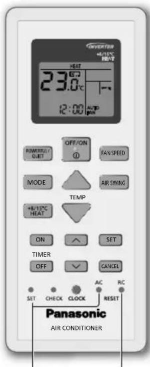 INVERTER +15°C HEAT 23.0°C 12:00 AUTO ON POWER/LET QUIET OFF/ON ① FAN SPEED MODE TEMP +8.15°C HEAT ON SET TIMER OFF CANCEL SET CHECK CLOCK AC RC RESET Panasonic AIR CONDITIONER