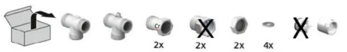 Diagram showing various pipe fitting components with labels and symbols indicating size ranges (2x, 4x)