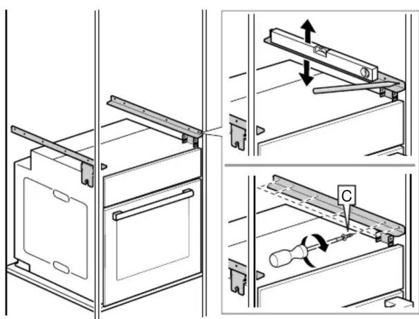 Technical diagram showing mechanical assembly steps with labeled components and directional arrows