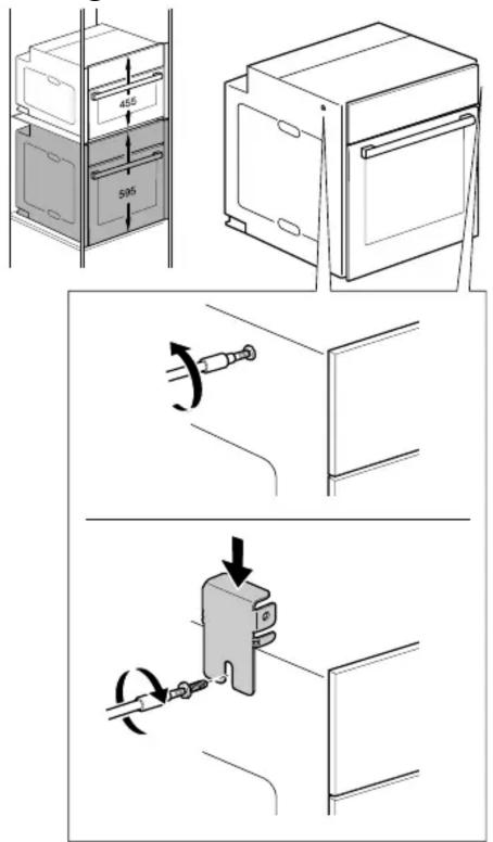 Technical diagram showing three steps of appliance assembly: door opening, cabinet, and mounting device with tool movement arrows.
