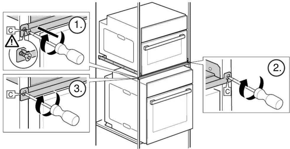 Diagram illustrating three steps of installing a door panel using a tool, with numbered instructions and warning symbols.