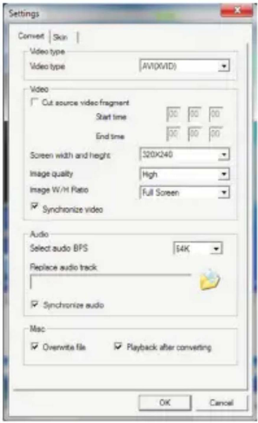 Settings Convert | Skin | Video type Video type AVI(XVID) Video □ Cut source video fragment Start time 00 00 00 End time 00 00 00 Screen width and height 320X240 Image quality High Image W/H Ratio Full Screen ✓ Synchronize video Audio Select audio BPS 54K Replace audio track ✓ Synchronize audio Mac ✓ Overwrite file ✓ Playback after converting OK Cancel