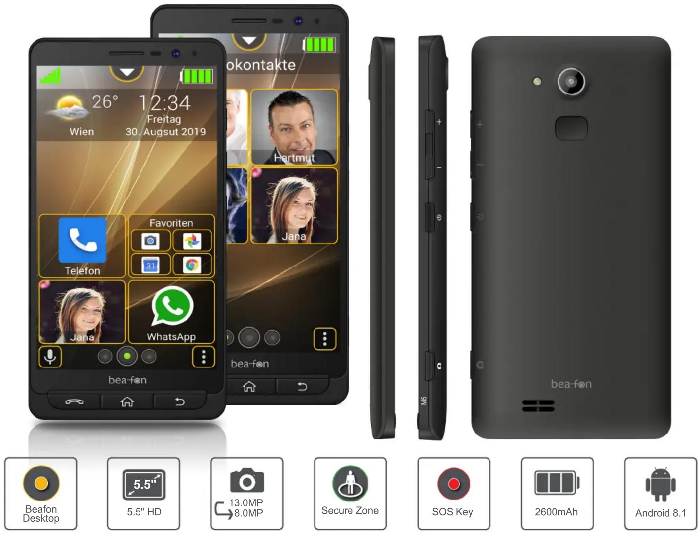 26° 12:34 Freitag Wien 30. Augsut 2019 okontakte Hartmut Telefon Jana Favoriten 31 WhatsApp bea-fon bea-fon M5 Beafon Desktop 5.5" HD 13.0MP 8.0MP Secure Zone SOS Key 2600mAh Android 8.1