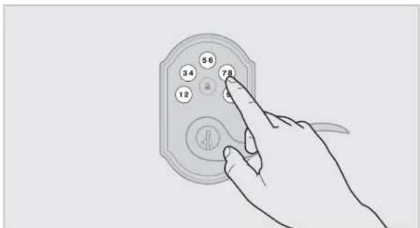 Line drawing of a hand interacting with a remote control device displaying numbered buttons (12, 34, 56, 78) and a battery symbol.