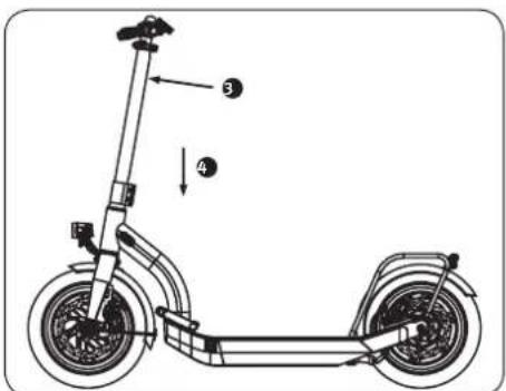 Diagram of an electric scooter with labeled parts and directional arrows indicating components