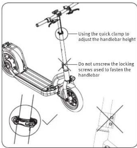 Using the quick clamp to adjust the handlebar height Do not unscrew the locking screws used to fasten the handlebar