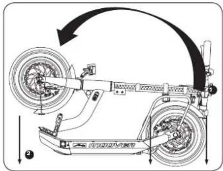 Technical diagram of a scooter with labeled components and directional arrows indicating motion or assembly.