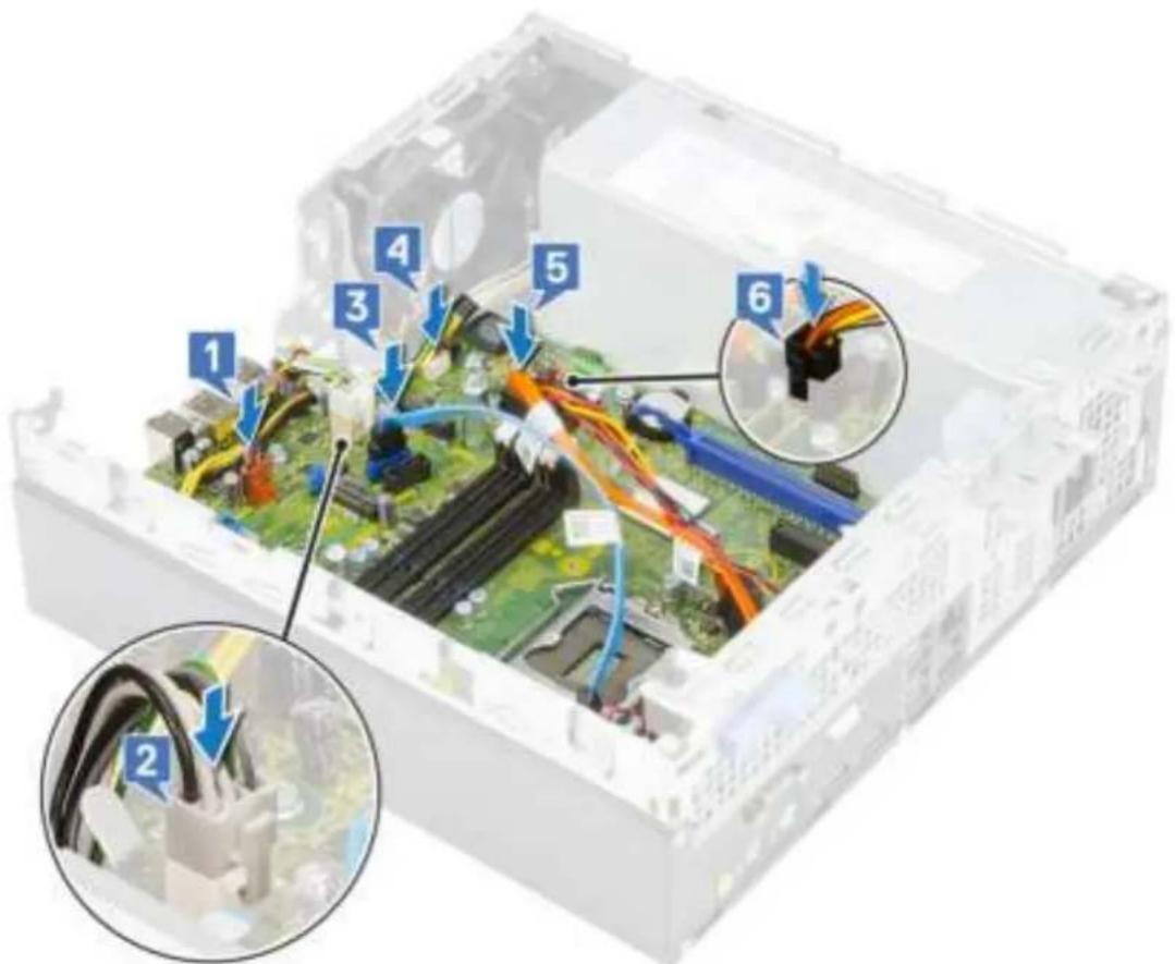 Labeled diagram of an internal computer motherboard showing numbered components and cable connections