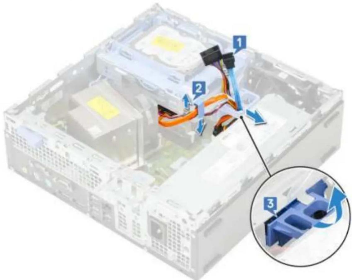 Diagram of a computer motherboard showing cable routing and component assembly with numbered annotations