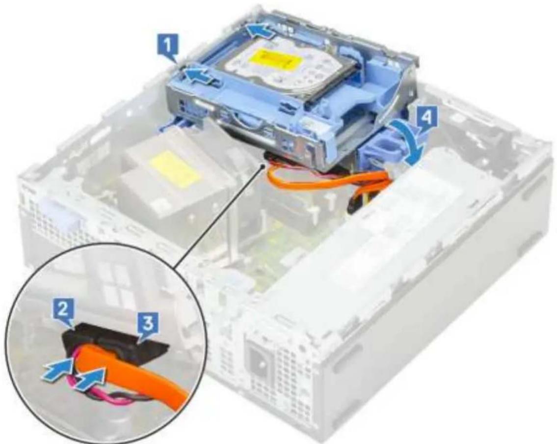 Diagram of an electronic device showing internal components and a magnified view of the cable being inserted into a device.