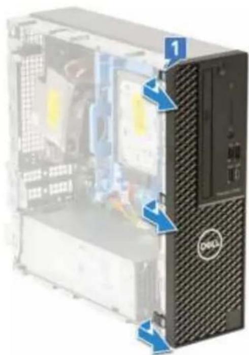 Diagram of a desktop computer tower with labeled components and directional arrows indicating movement or navigation.