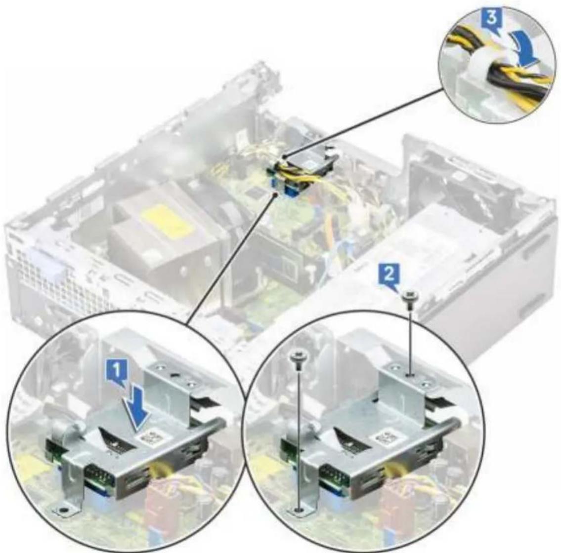Technical diagram showing assembly of a computer tower with labeled parts and close-up insets for detail