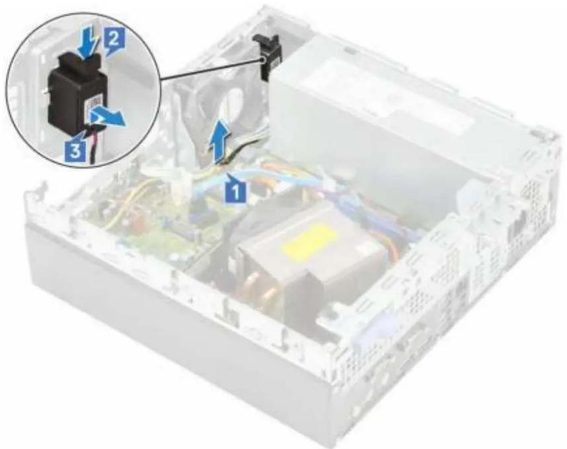 Diagram of an internal computer case with labeled components and a magnified inset showing a device component with blue arrows indicating direction.