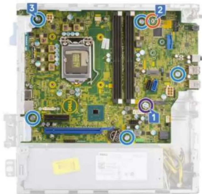 Labeled diagram of a computer motherboard showing CPU socket, drive slots, and numbered components