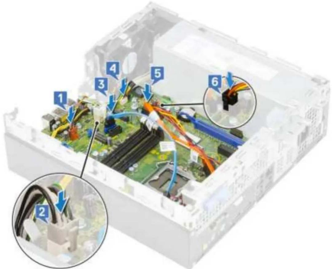 Diagram of an open computer motherboard showing labeled components and wiring, with numbered annotations pointing to specific parts.