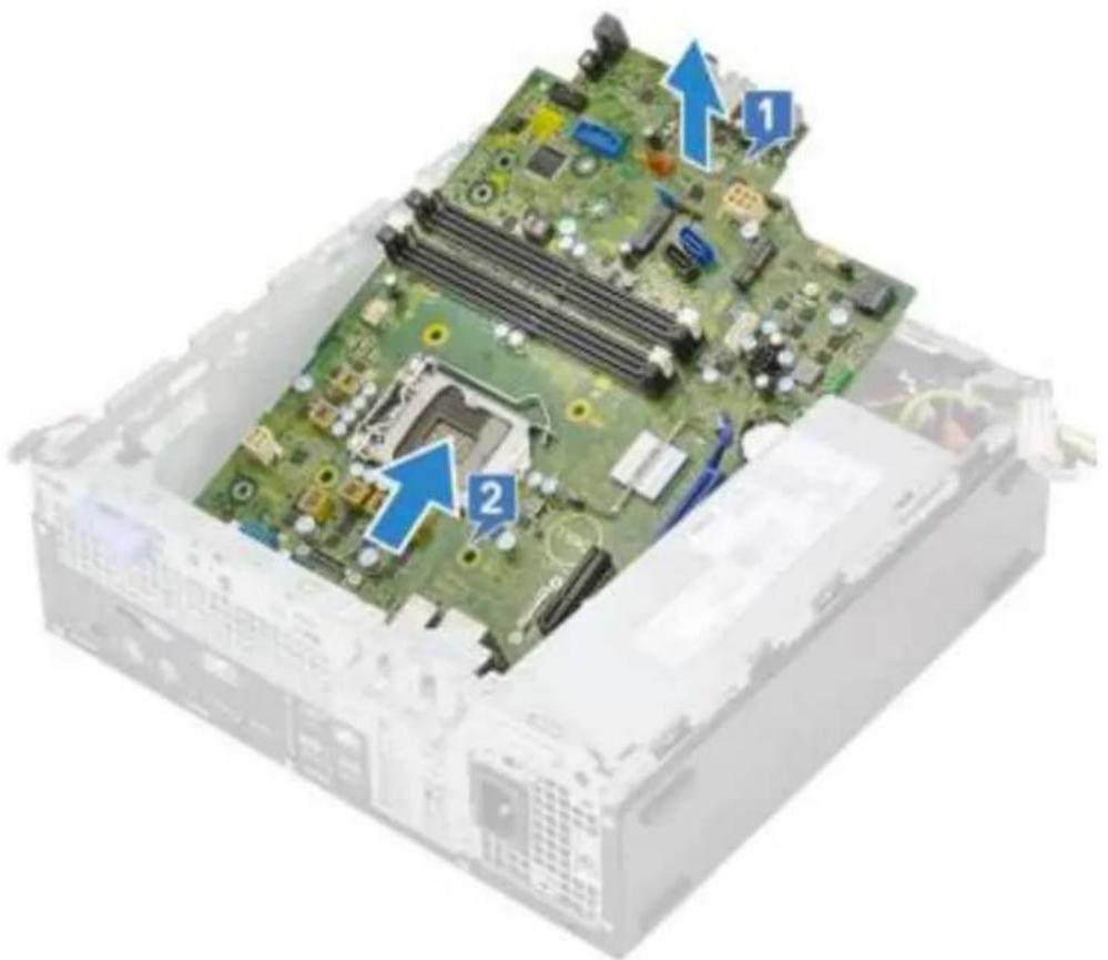 Diagram of a computer motherboard with numbered annotations indicating component locations
