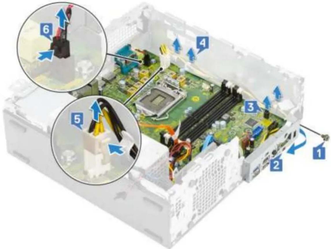 Diagram of an internal computer motherboard with numbered annotations indicating component locations and connections