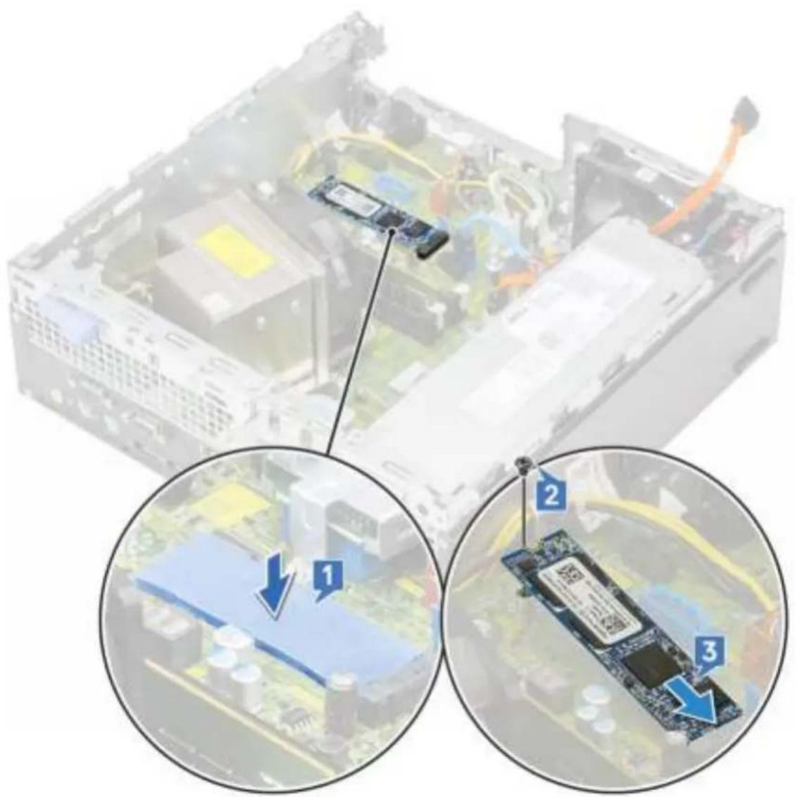 Diagram showing three views of a computer motherboard with labeled components and directional arrows indicating assembly or repair steps.