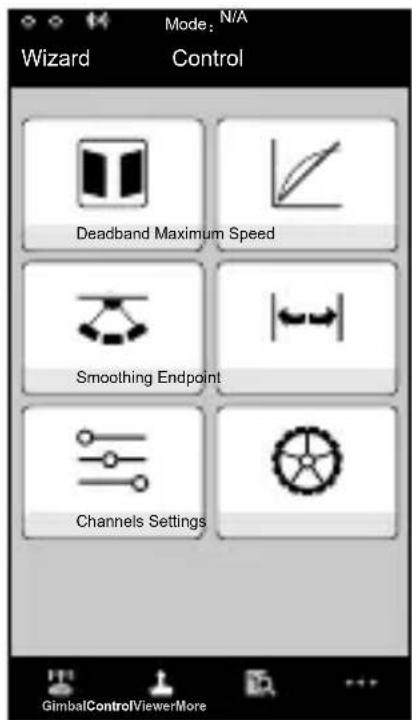 Mode: N/A Wizard Control Deadband Maximum Speed Smoothing Endpoint Channels Settings GimbalControlViewerMore