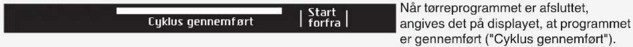 Cyklus gennemført | Start forfra | Når tørreprogrammet er afsluttet, angives det på displayet, at programmet er gennemført ("Cyklus gennemført").