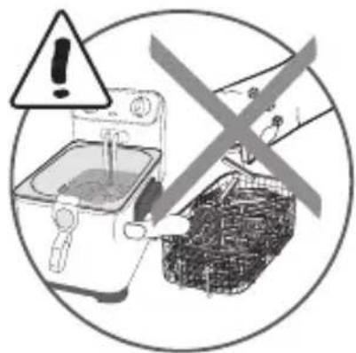 Warning symbol image showing a kitchen with an exclamation mark and a crossed-out basket, indicating incorrect safety or hazard.