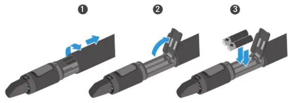 Diagram illustrating three-step assembly process of a mechanical component with directional arrows indicating motion.