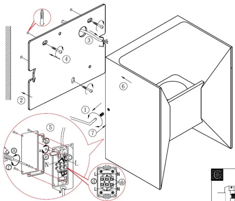 Technical diagram of an electrical switch assembly with numbered components and wiring instructions