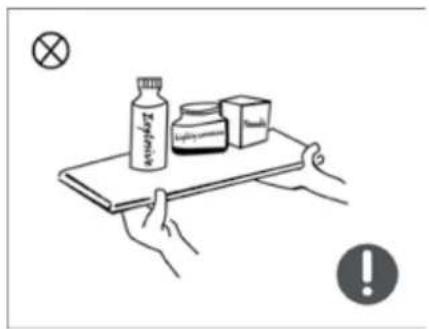 Illustration showing a hand holding a tray with labeled items including a bottle, a jar, and a cross symbol, alongside a warning icon.