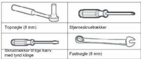Topnøgle (8 mm) Stjerneskruetrækker Skruetrækker til lige kærv med tynd klinge Fastnøgle (8 mm)