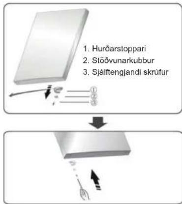 1. Hurðarstoppari 2. Stöövunarkubbur 3. Sjálftengjandi skrúfur
