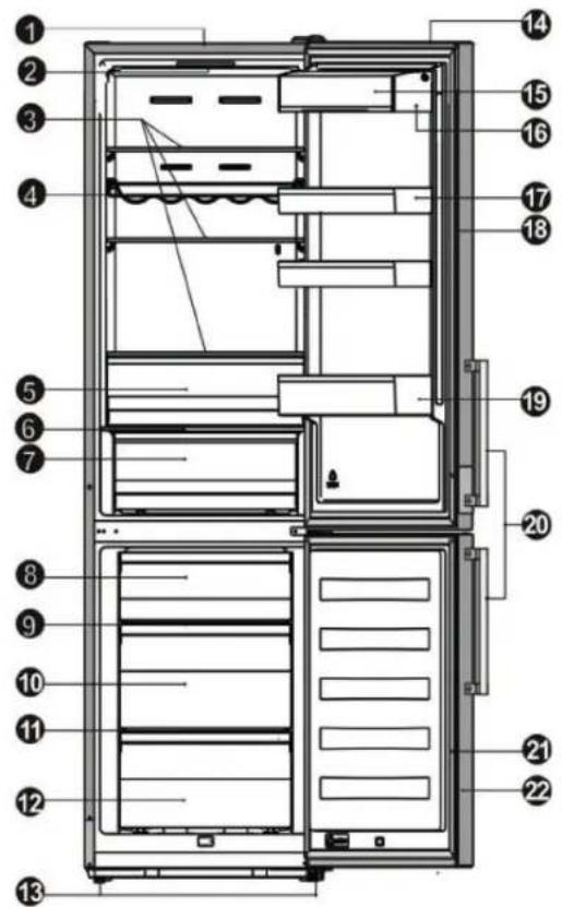 Technical diagram of a refrigerator with numbered components for identification