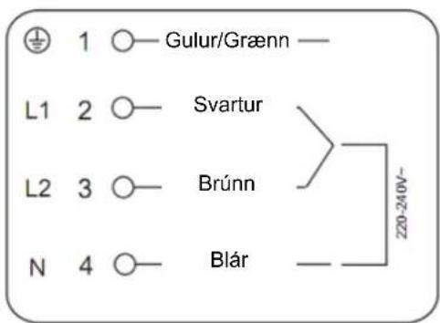 1 ○—Gulur/Grænn — L1 2 ○—Svartur L2 3 ○—Brúnn N 4 ○—Blár 220-240V~