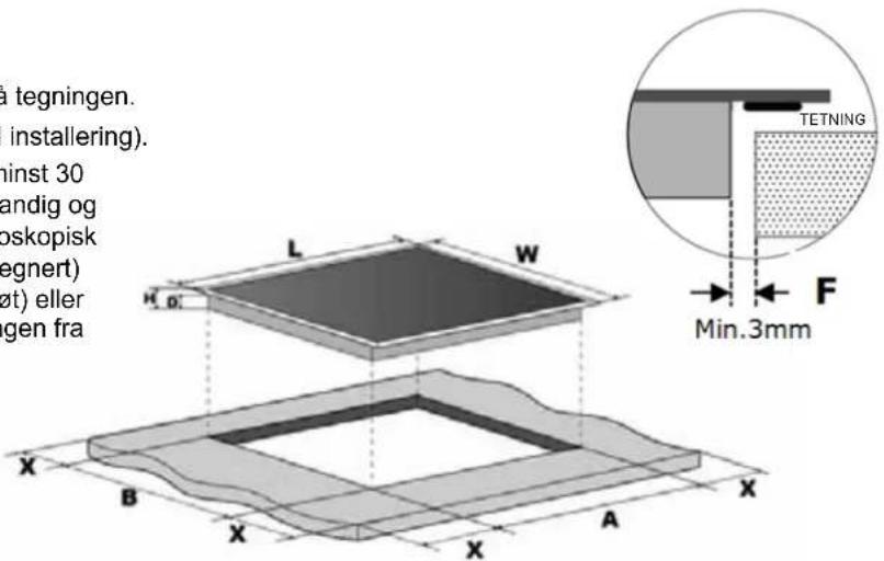 å tegningen. installering). minst 30 andig og poskopisk egnert) øt) eller gen fra L W H. D. X B X A X TETNING Min.3mm F