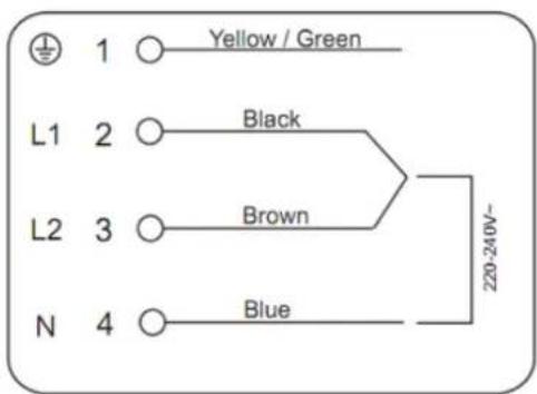 1 ○ Yellow / Green L1 2 ○ Black L2 3 ○ Brown N 4 ○ Blue 220-240V~