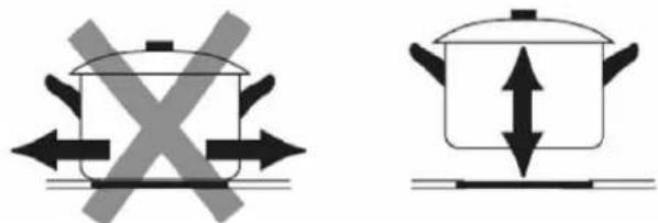 Diagram showing cooking pots with crossed arrows indicating heating or cooling process, alongside a separate diagram of a pot with bidirectional arrow.