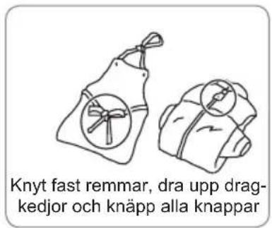 Knyt fast remmar, dra upp drag- kedjor och knäpp alla knappar