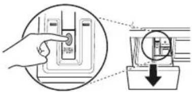 Diagram showing a hand pressing a button on a device with an inset magnified view highlighting the component's structure.