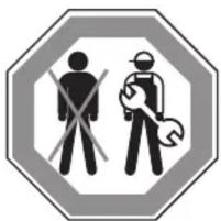 Safety warning sign with pictograms of a person crossed out and a worker holding a tool, enclosed in an octagonal frame.