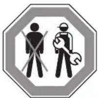 Safety warning sign with pictograms of a person crossed with a cross and a worker holding a wrench, enclosed in an octagonal frame.