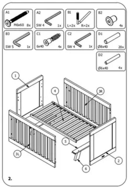 A1 M6x60 8x A2 SW 4 1x B1 L=2x R=2x B2 4x B3 SW 5 1x C1 6x40 4x C2 SW 4 1x D1 Ø8x40 20x D2 Ø6x40 4x 1 4 3R 5 6 2 3L 2. 2.