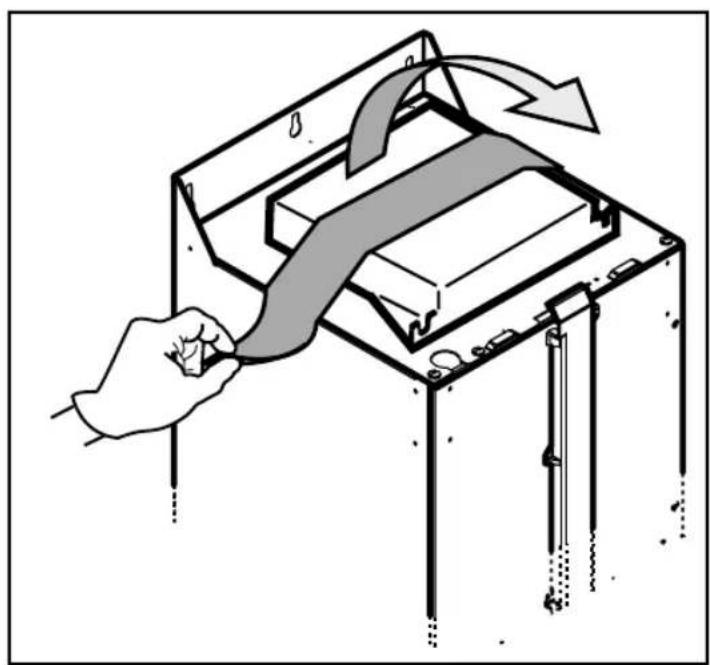 Illustration of a hand inserting a cable into a device with arrows indicating motion (no text or symbols)
