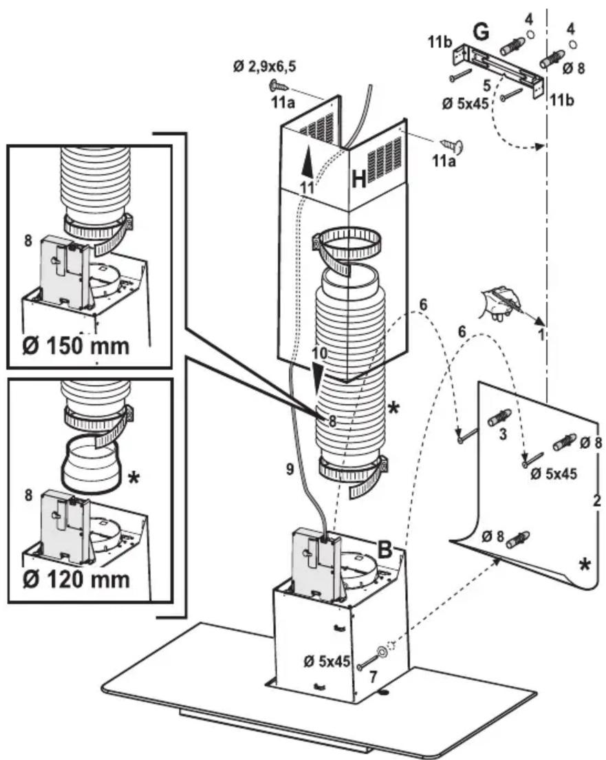 Ø 2,9x6,5 11a Ø 150 mm Ø 120 mm H 11b G 4 Ø 8 5 Ø 5x45 11b 11a 6 6 3 Ø 5x45 2 Ø 8 B 7 Ø 5x45