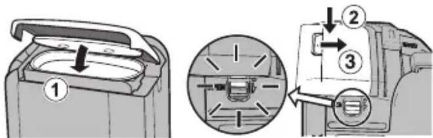 Diagram illustrating a mechanical device with labeled parts and directional arrows indicating motion or assembly.
