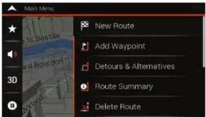 Main Menu New Route Add Waypoint Detours & Alternatives Route Summary Delete Route