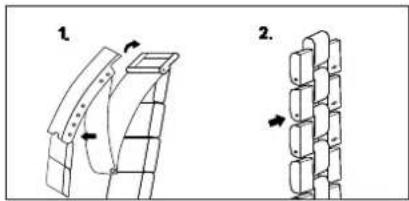 Technical diagram showing two mechanical assembly configurations with labeled parts and directional arrows indicating motion or movement.