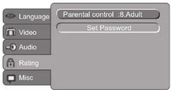 Language Video Audio Rating Misc Parental control :8.Adult Set Password