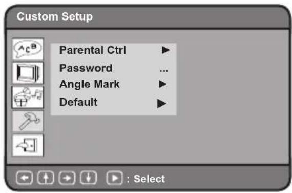 Custom Setup Parental Ctrl Password Angle Mark Default : Select