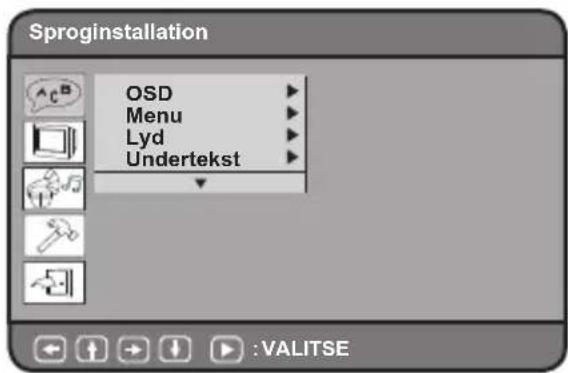 Sproginstallation OSD Menu Lyd Undertekst :VALITSE